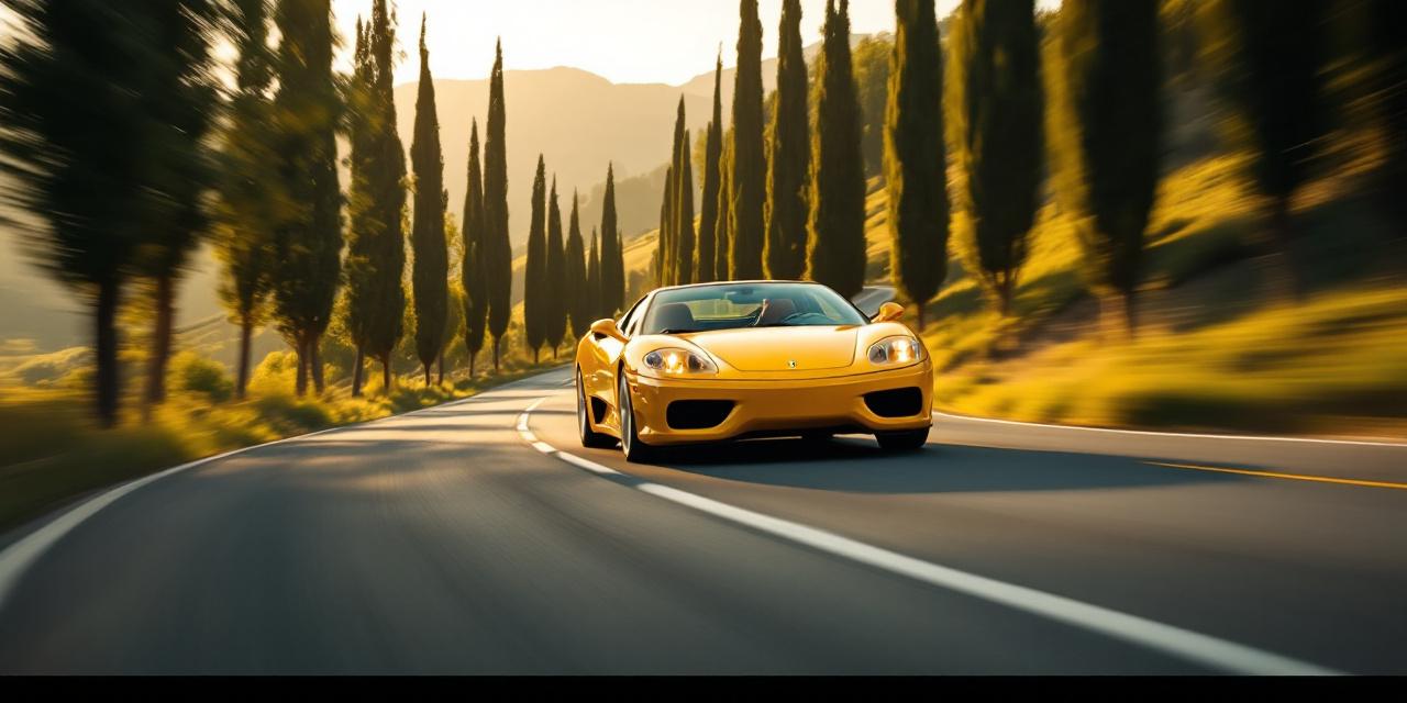 Ferrari 360 Modena rouge sur route de Toscane entourée de vignes en automne