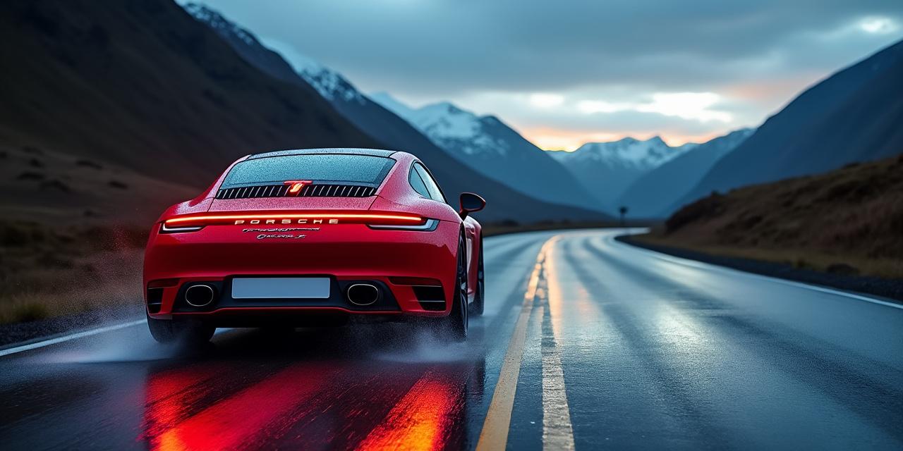 Porsche 911 Carrera S 992 vue arrière sous la pluie