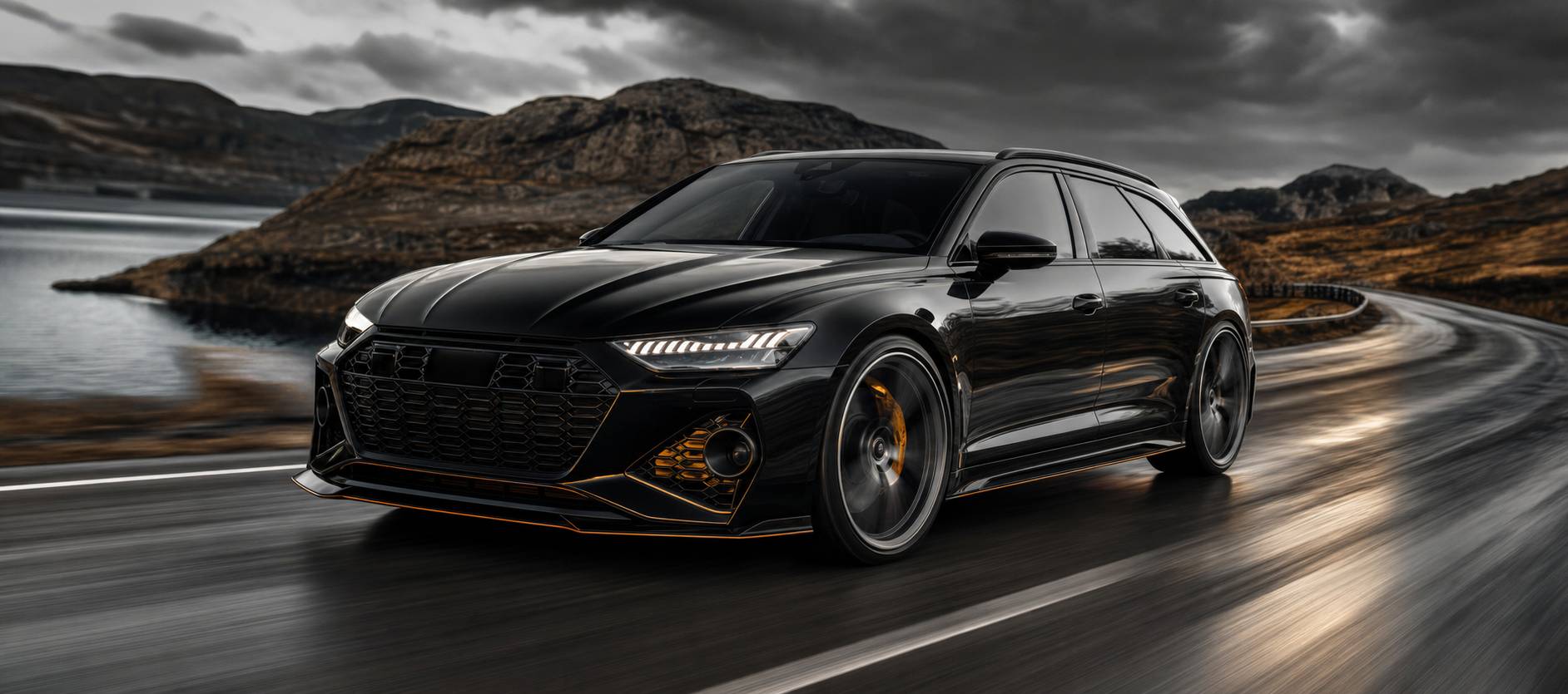 Audi RS6 Avant en mouvement sur route paysage dynamique