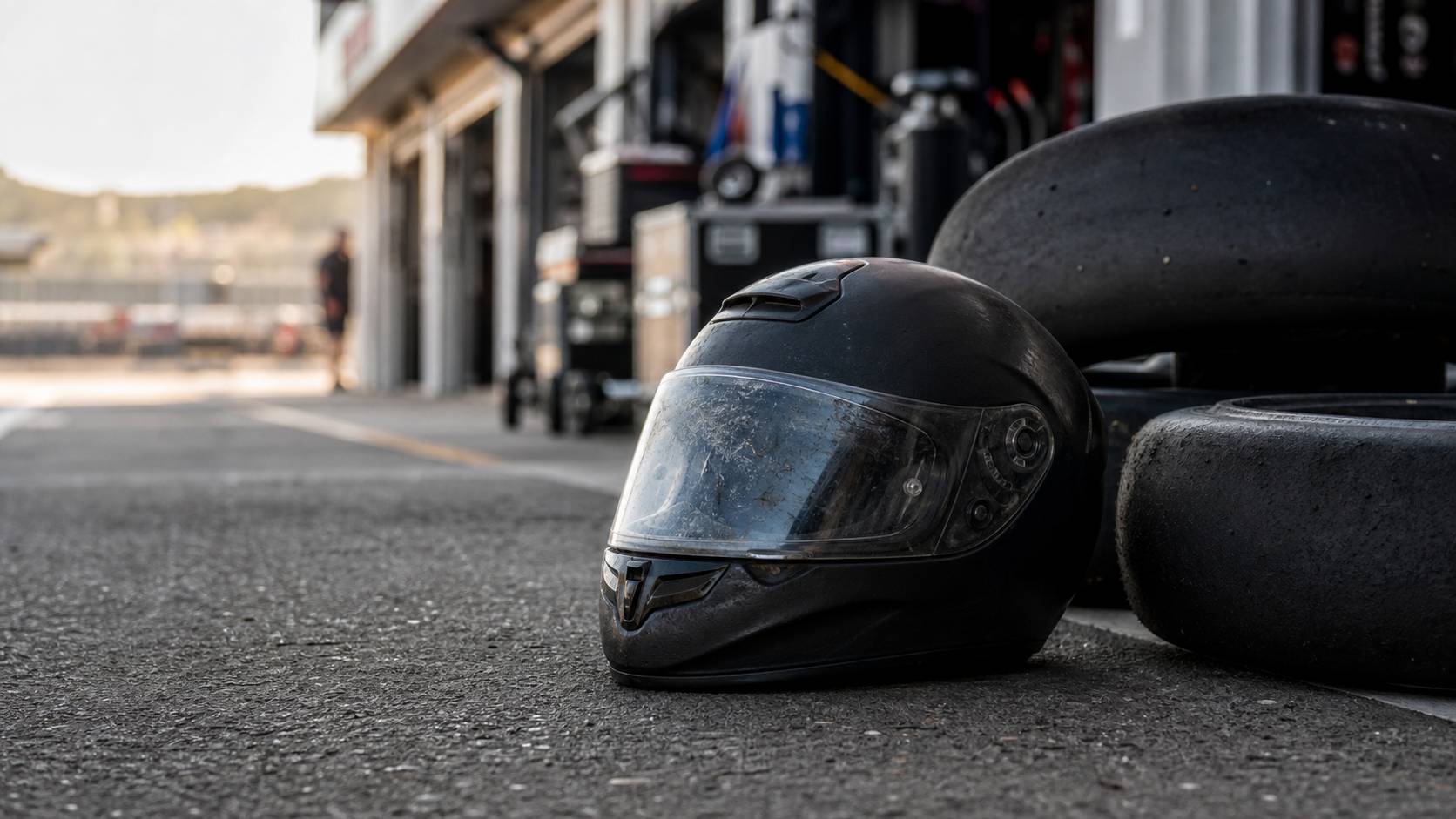 Casque de moto sur le bitume ambiance paddock de course