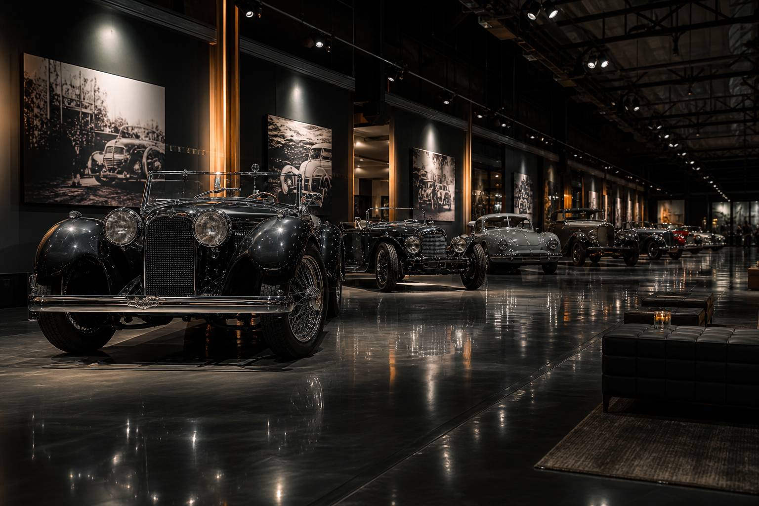 Hall d'exposition avec voitures de collection alignées sous projecteurs