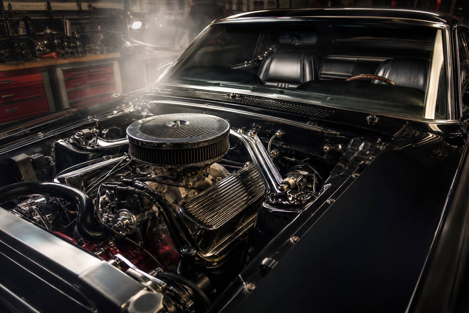 Detail mecanique de la Ford Mustang Mach 1 muscle car classique