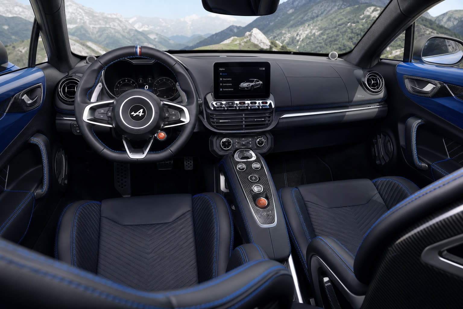 Intérieur cockpit Alpine A110 sièges sport bleu carbone moderne