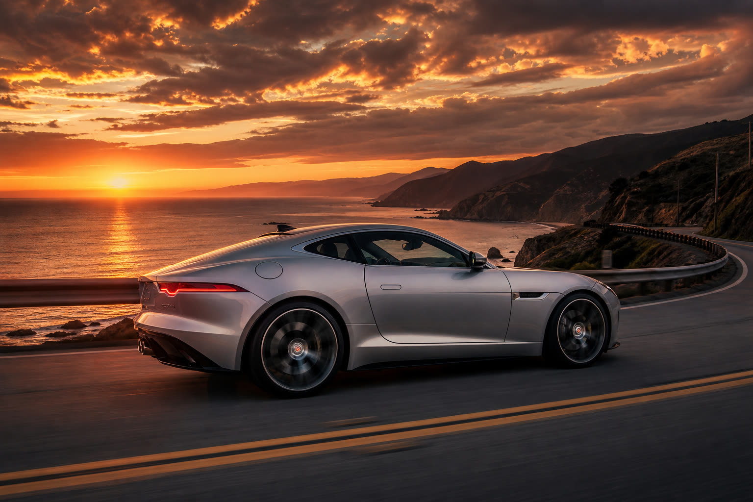 Jaguar F Type V6 profil élégant route côtière coucher de soleil