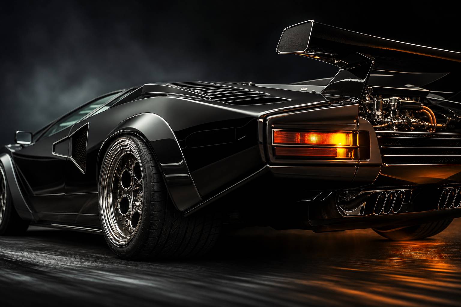 Détail de la roue arrière et de l'aileron de la Lamborghini Countach en studio