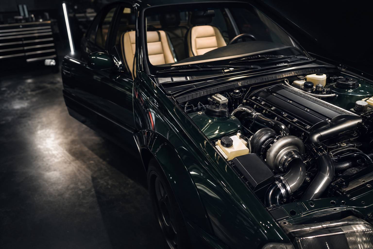 Detail mecanique de la Lotus Carlton voiture de sport rare