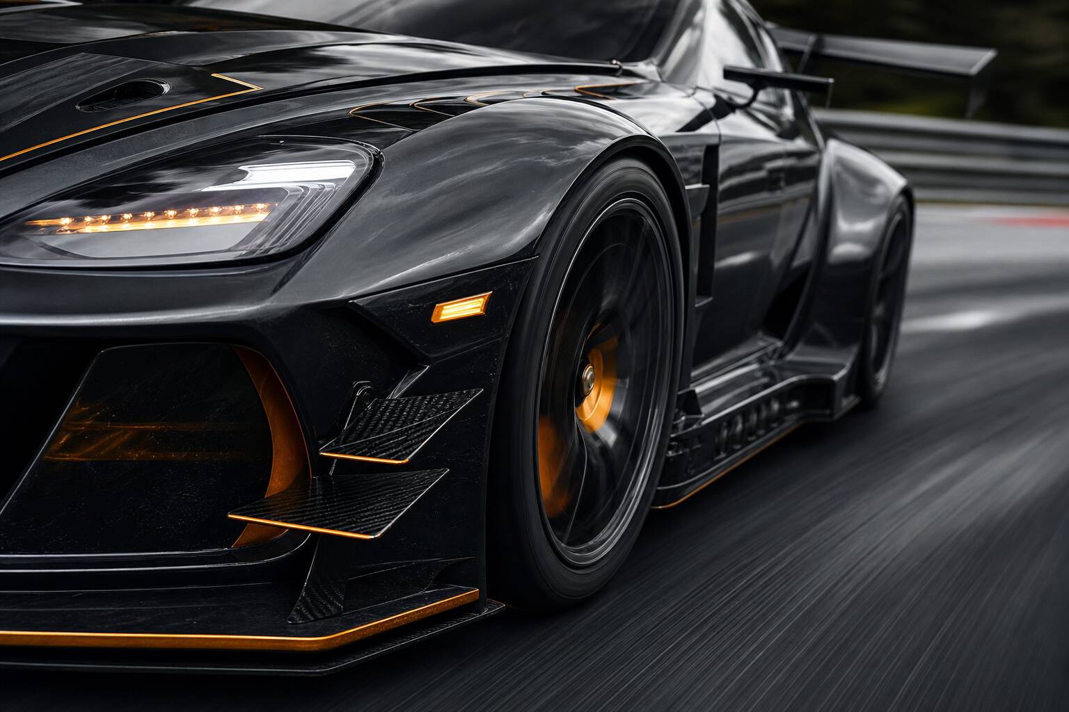 Gros plan voiture de course GT en mouvement détails aérodynamiques