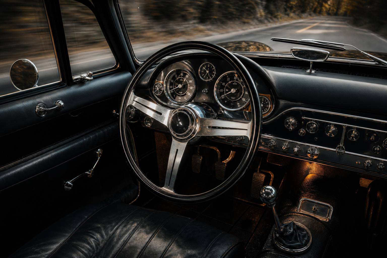 Tableau de bord et volant d'époque de la Mercedes 300 SL