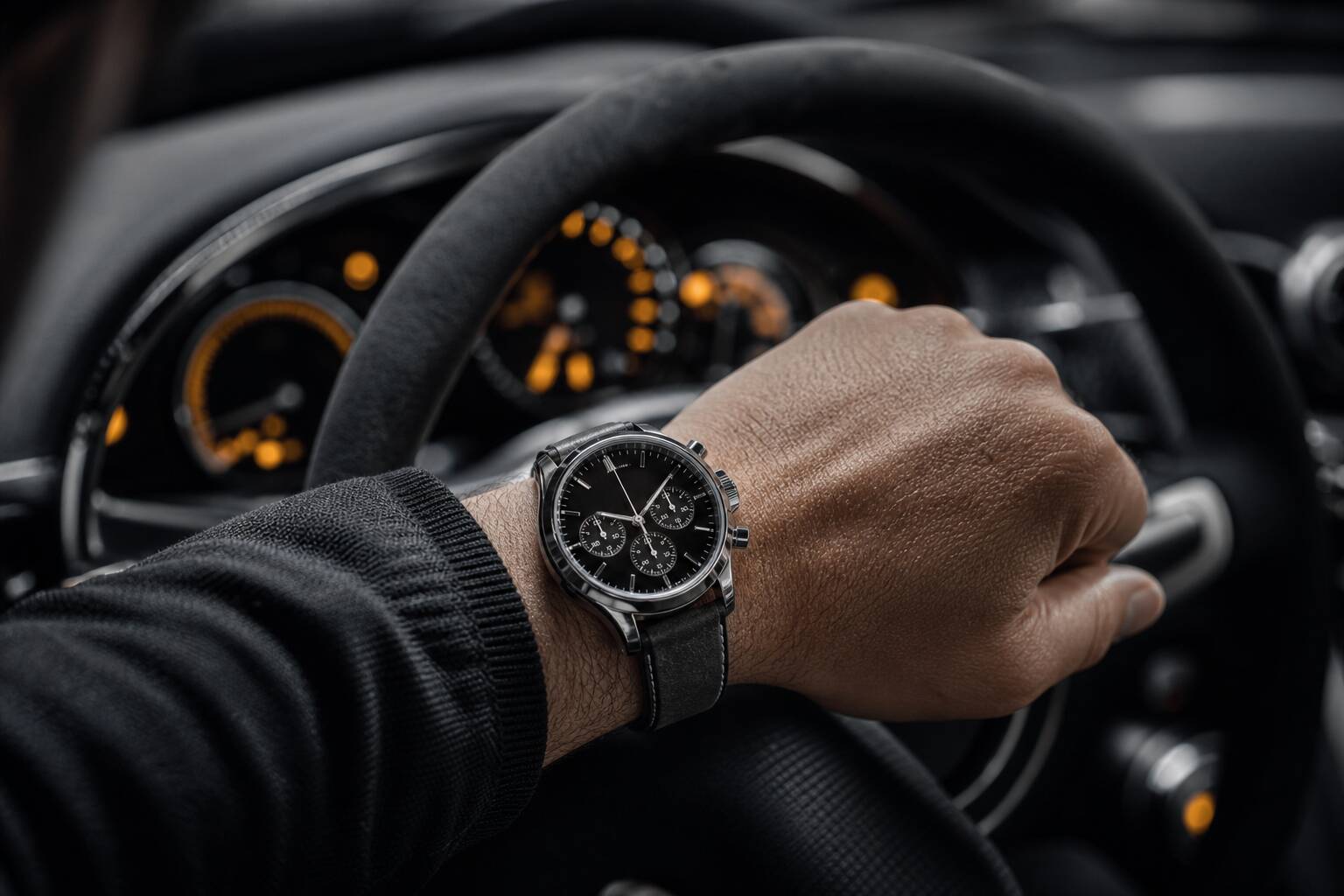 Montre au poignet conducteur volant arrière-plan cockpit