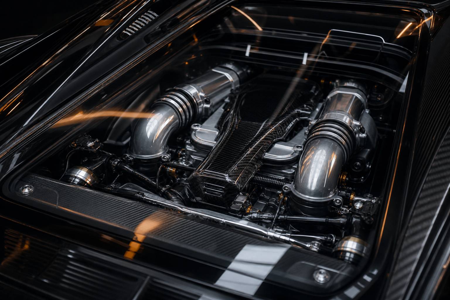 Détail du compartiment moteur d'une supercar moderne en fibre de carbone