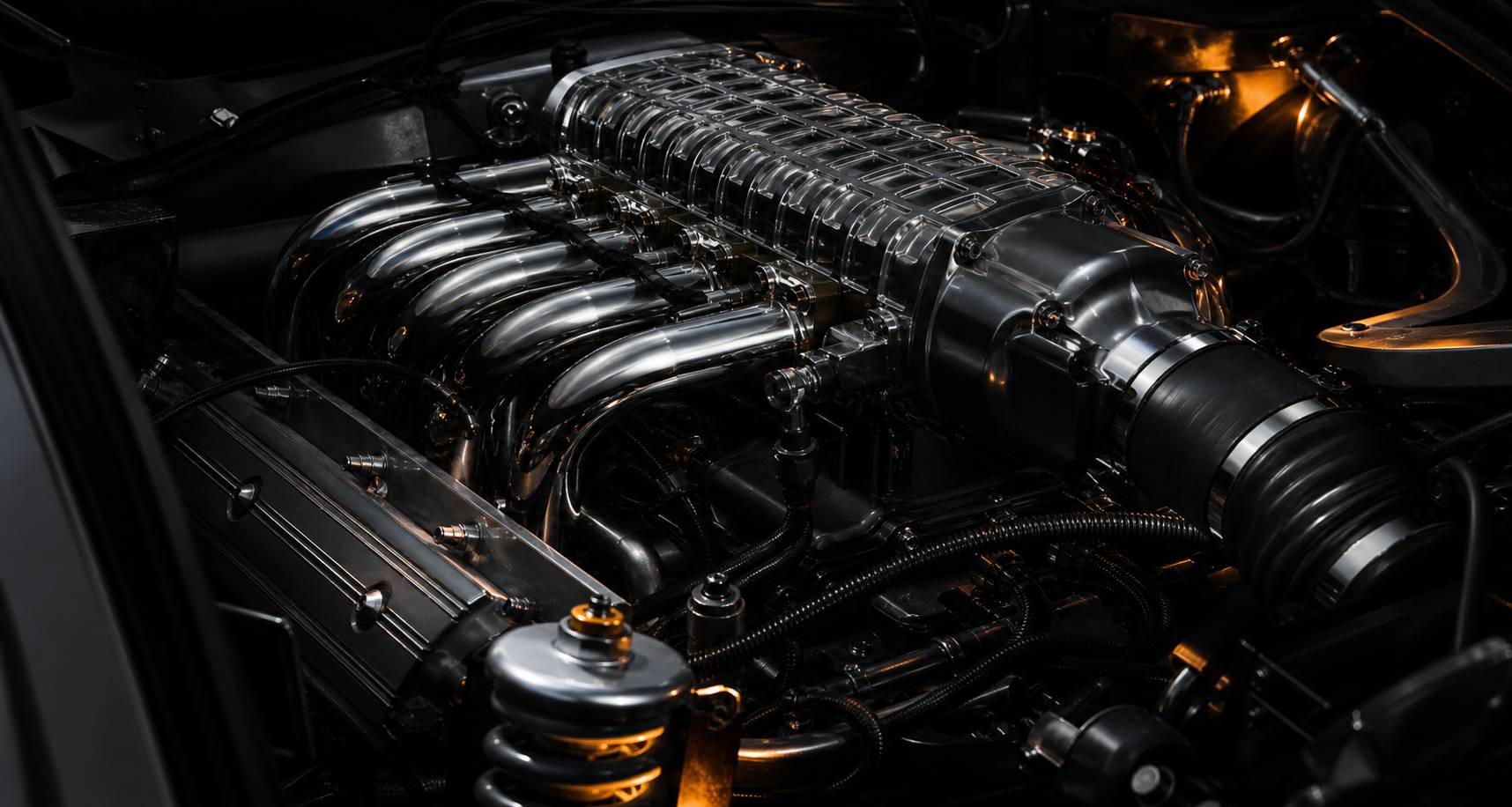 Moteur V8 superchargé de la Saleen S7 avec collecteurs d'admission