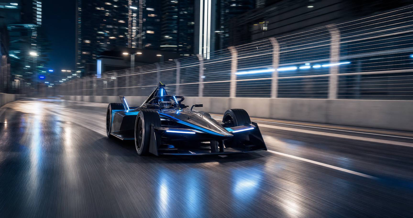 Formule E electrique circuit urbain nuit lumieres LED ambiance futuriste