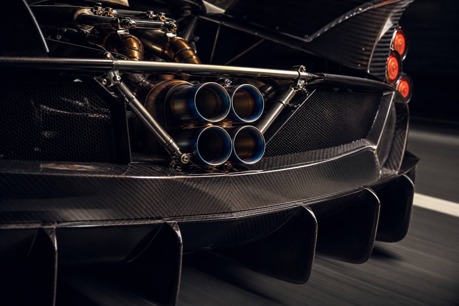 Détail des sorties d'échappement quadruples et diffuseur de la Pagani Imola