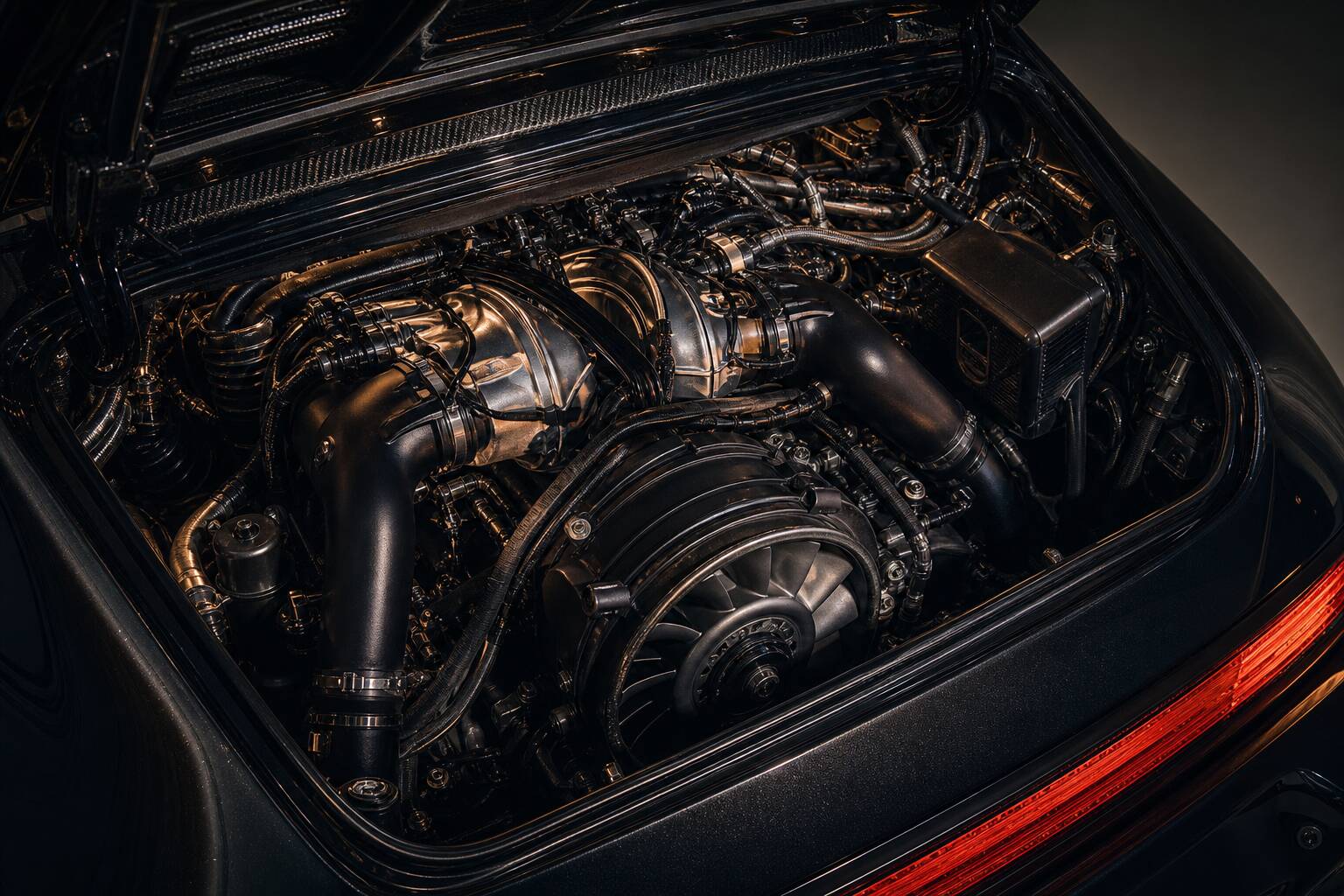 Compartiment moteur pièces mécaniques maintenance Porsche 911
