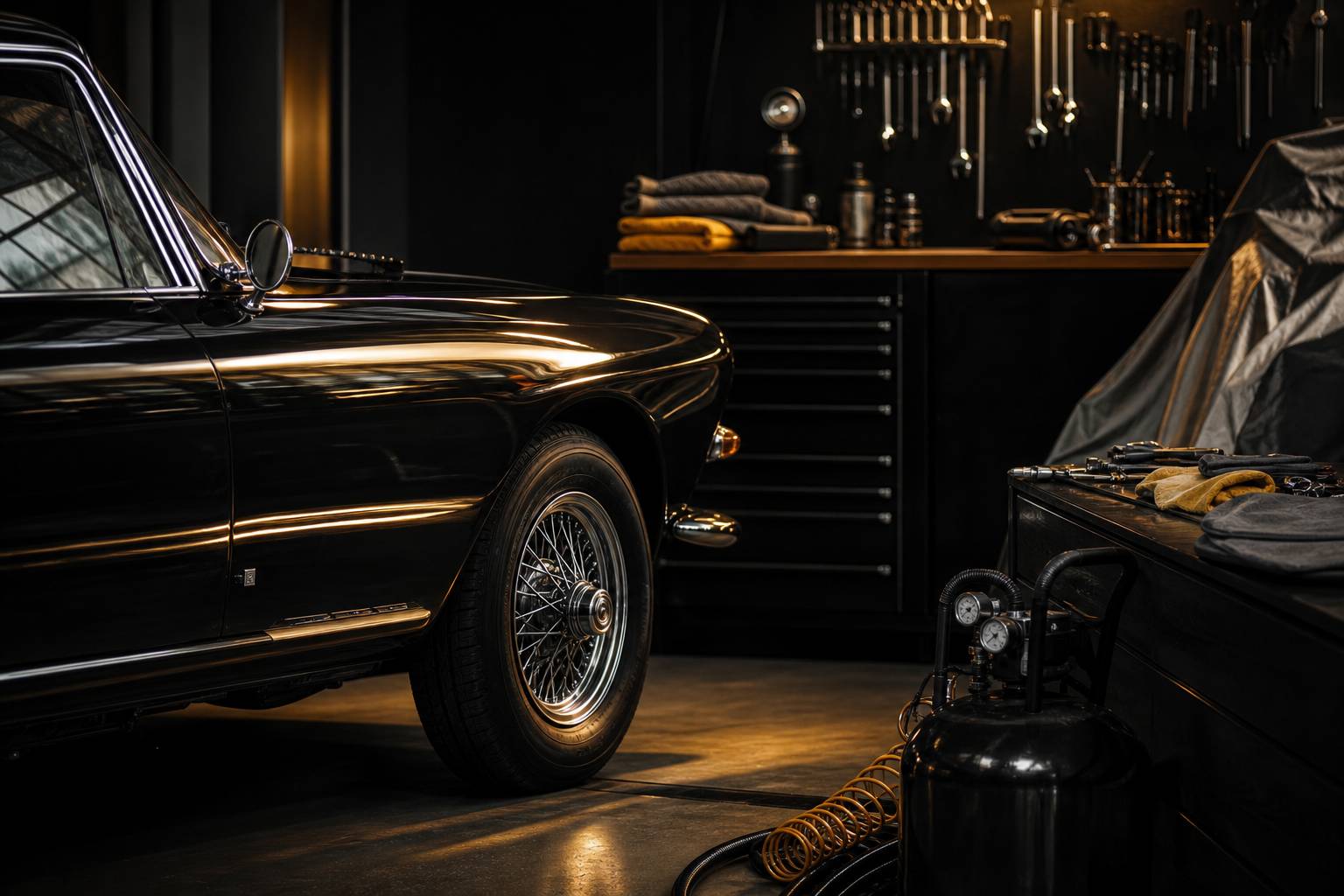 Garage automobile avec équipements de protection et outils pour voiture de collection