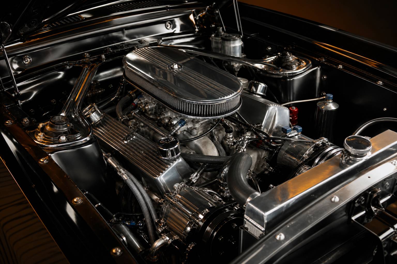 Moteur V8 Shelby compartiment moteur details pieces chromees