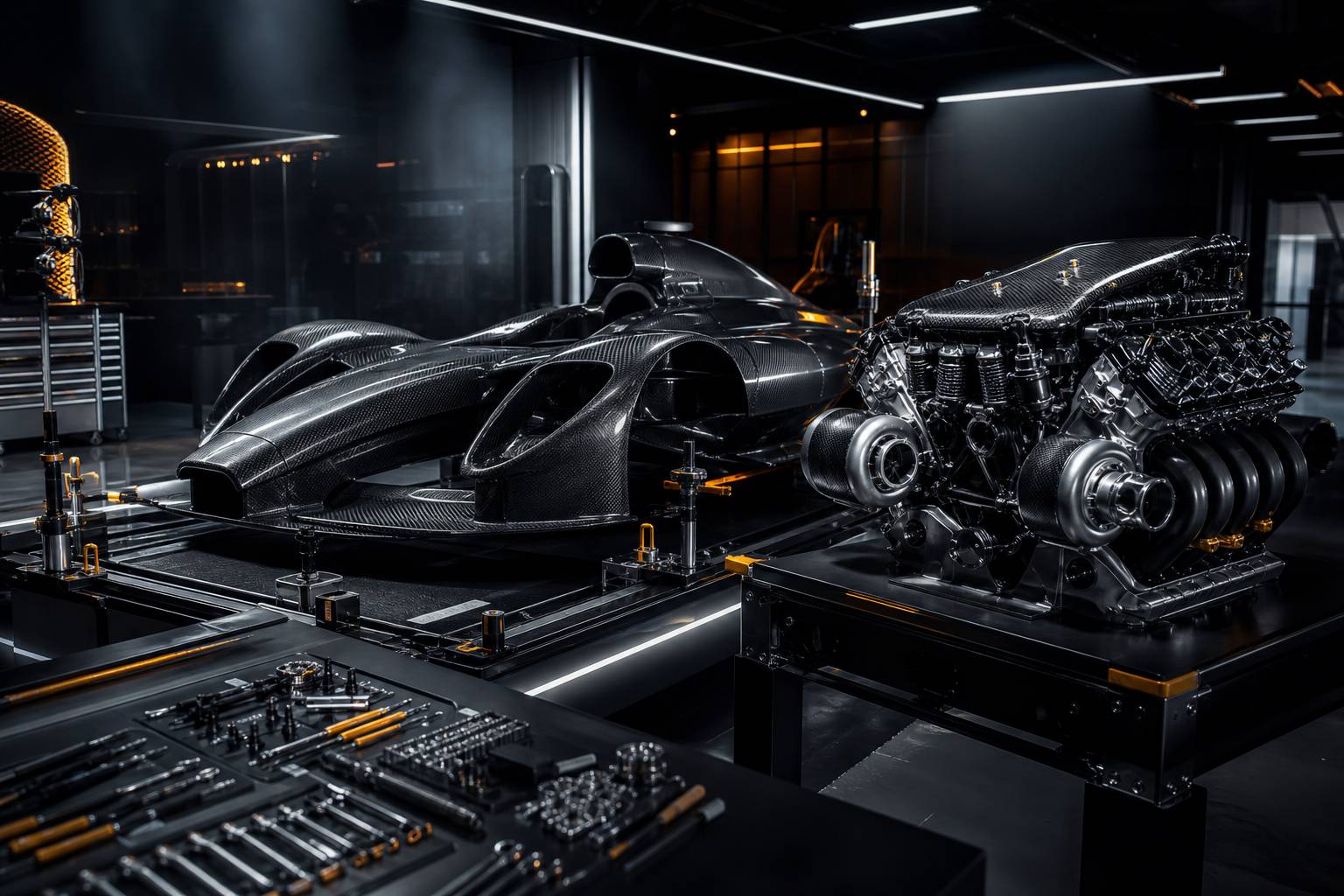 Monocoque carbone et moteur V8 biturbo dans un atelier d'ingénierie automobile