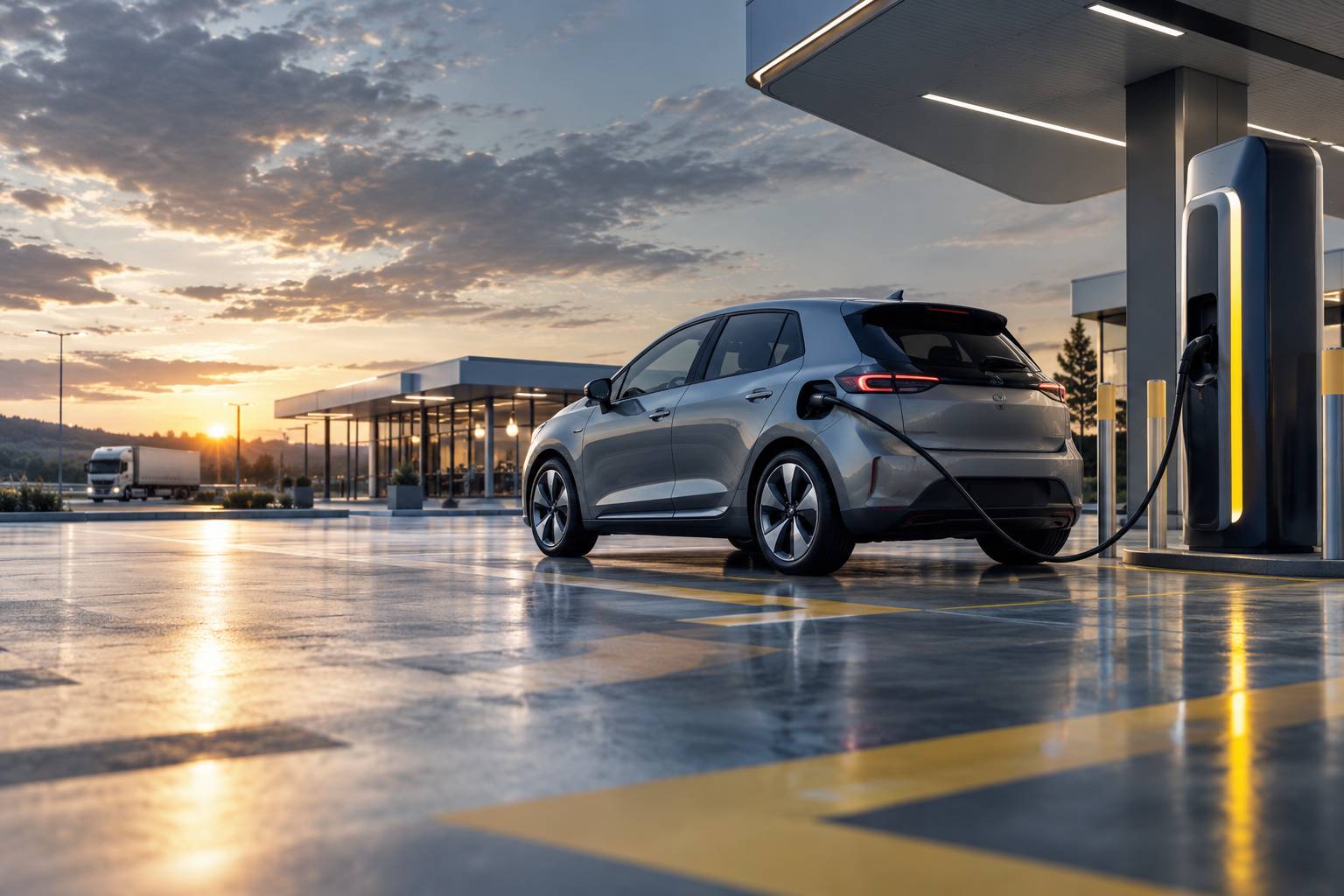 Voiture electrique generique branchee a une borne de recharge rapide sur une aire d'autoroute